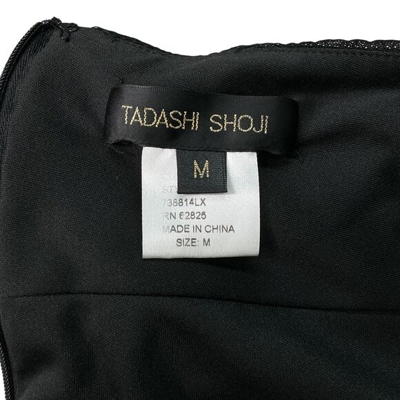 Tadashi Shoji Black Asymmetric Ruched Sleeve Gown sz M Glam Mermaid Column Event - Picture 9 of 13